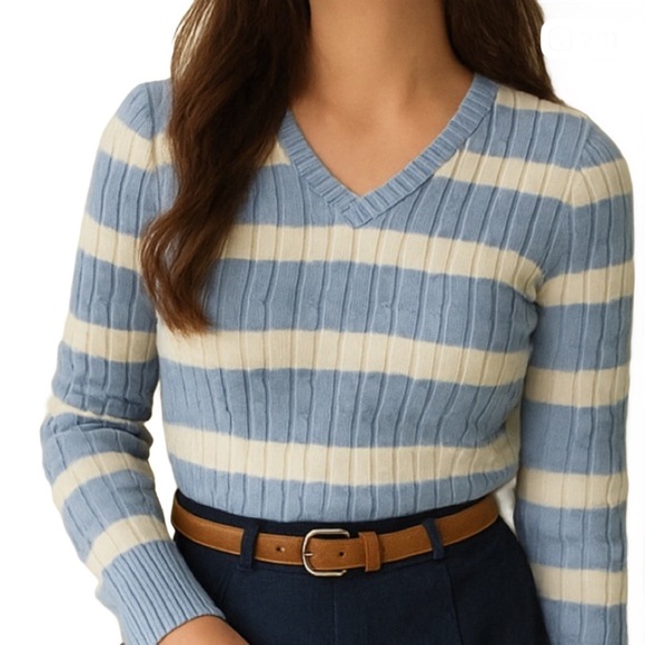 TOMMY HILFIGER Lightweight Wide Stripe Cable Knit V-Neck Sweater - Picture 1 of 12